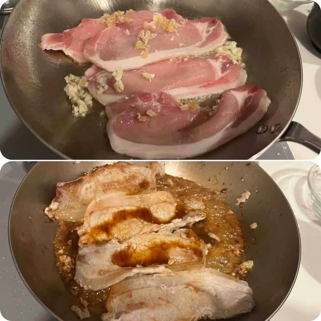 フライパンに豚肉を入れて生姜焼きを作っている