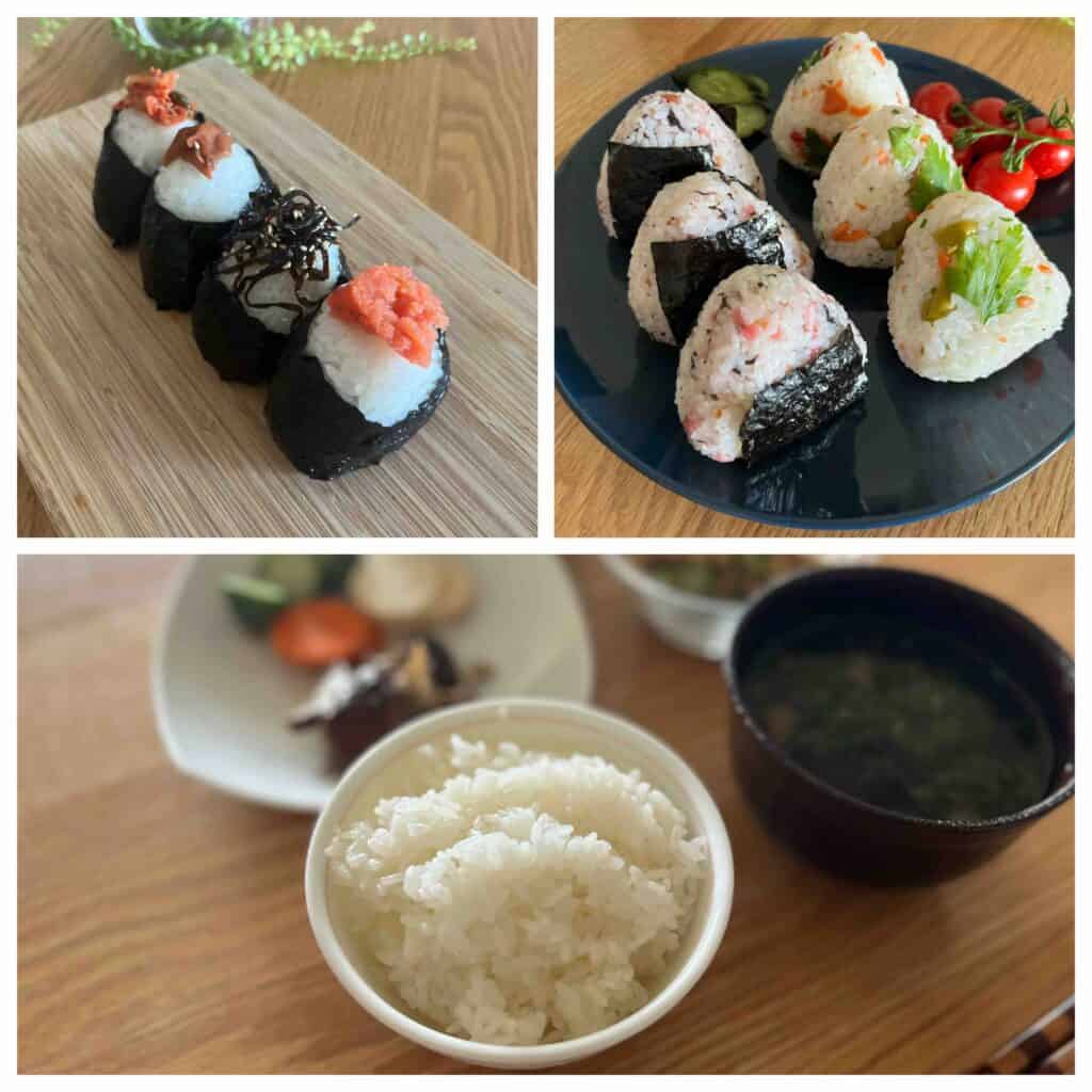 炊飯器で炊いたご飯で作ったおにぎりとごはん
