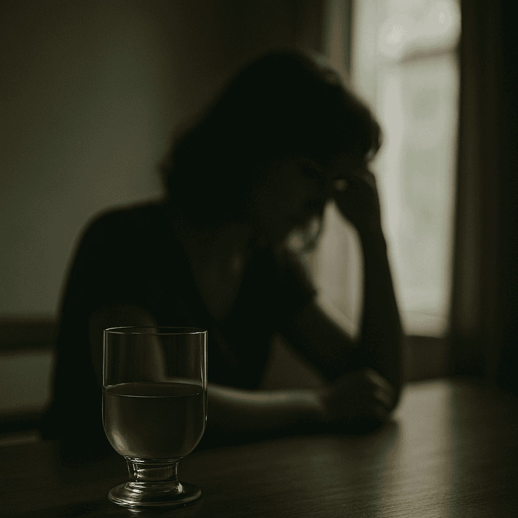 薄暗い部屋の中、グラスの向こうに物思いにふける女性の姿