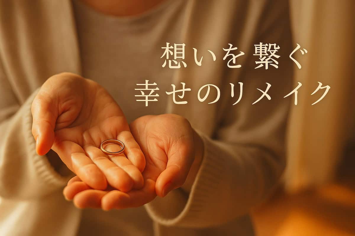 手のひらに乗せた結婚指輪と、“想いを繋ぐ 幸せのリメイク”の文字