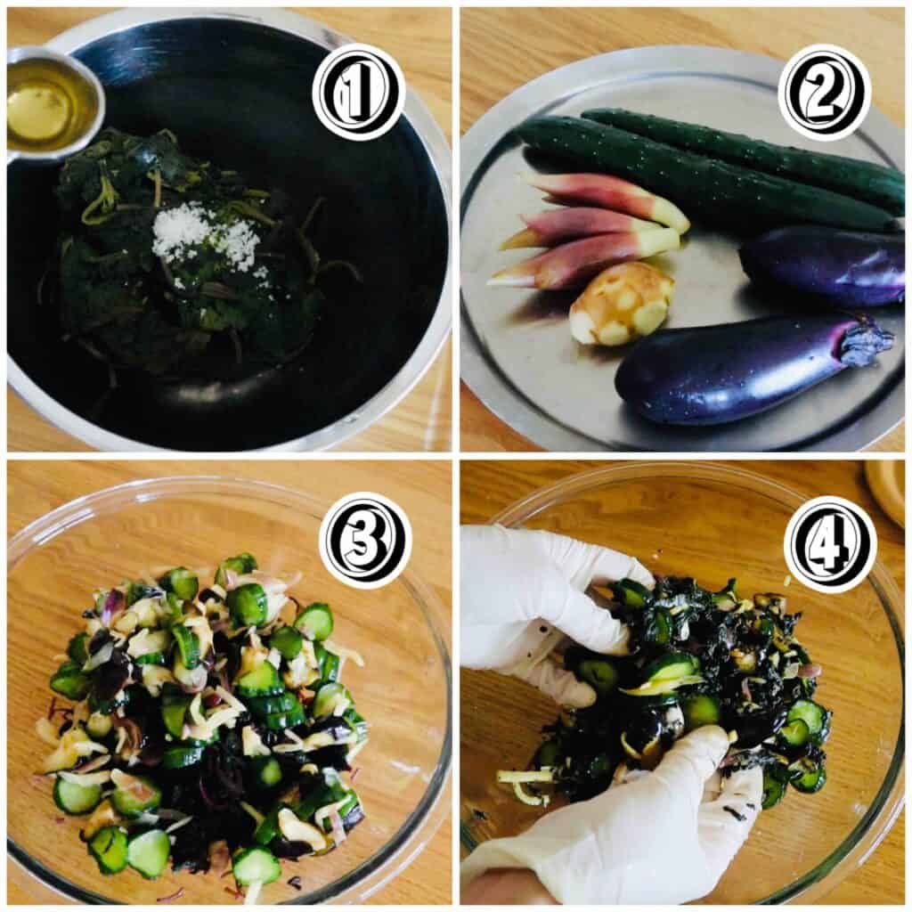赤紫蘇ジュースで残った葉を使った即席しば漬けの作り方（調味、野菜の準備、和え、混ぜ）の4ステップ工程写真。