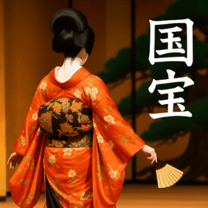 舞台上で後ろ姿を見せる歌舞伎の女形。橙色の花柄の着物に黒と金の帯を締め、片手に扇子を持ち、背景には松が描かれた金屏風と「国宝」の文字が映える情景。