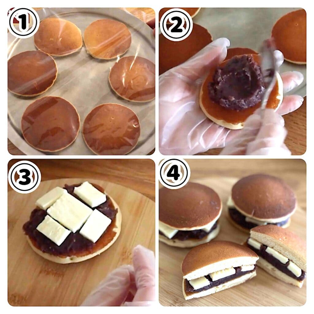 どら焼き生地にあんバターを挟んで仕上げる手順４カット