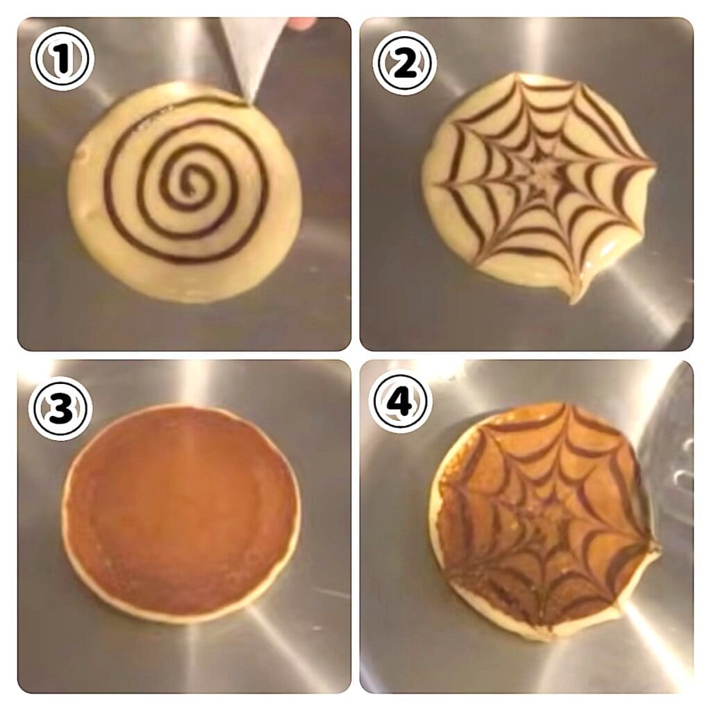 どら焼き生地にココア生地で蜘蛛の巣を描く工程４カット